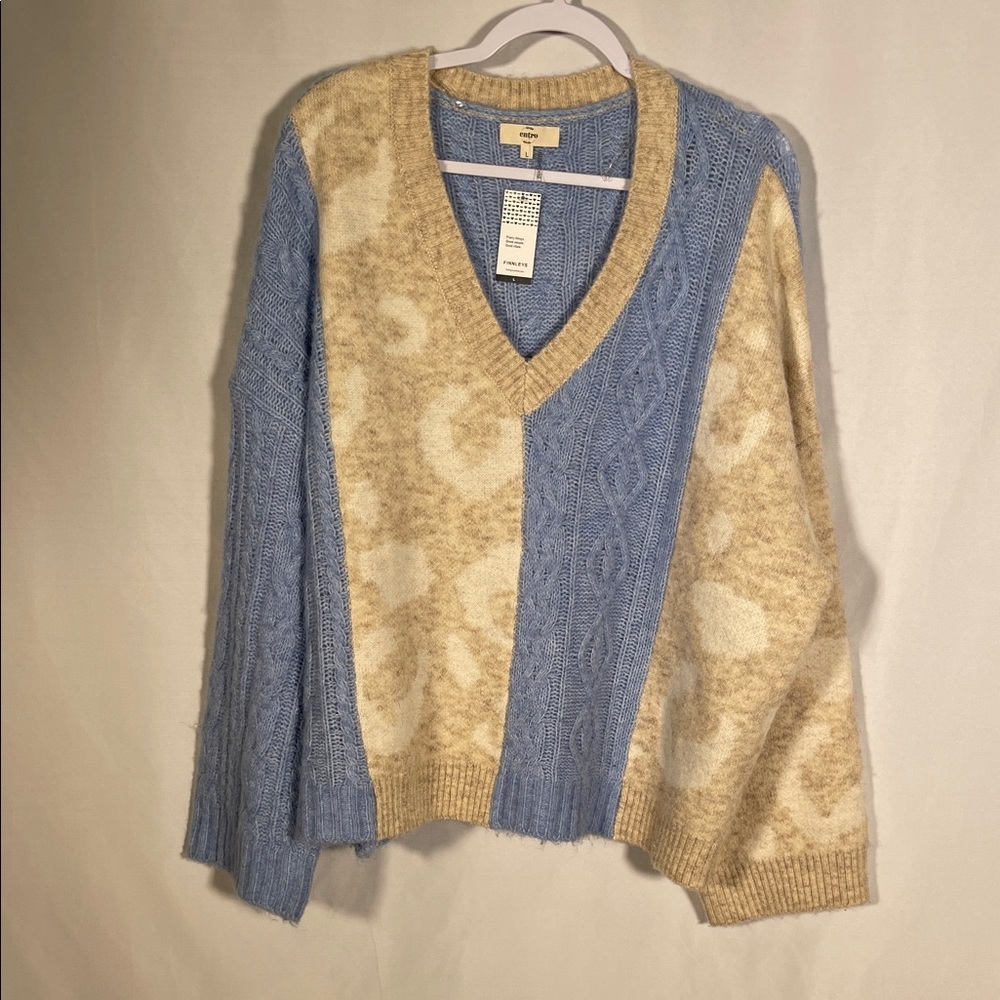 ENTRO WOMENS V NECK SWEATER BLUE CREAM LARGE NEW WITH TAGS